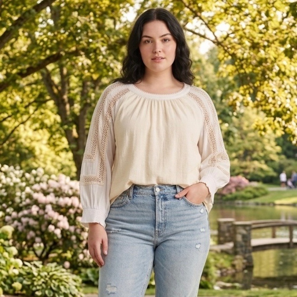 Skies‎ Are Blue Curvy Cream Crochet Lace Inset 3/4 Sleeve Blouse 1X